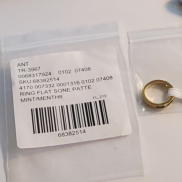 Anthropologie Brass over gold green stone Flat channel cut pattern ring Size 8 - Picture 3 of 11